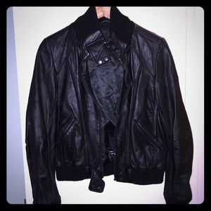 Women’s black leather bomber jacket
